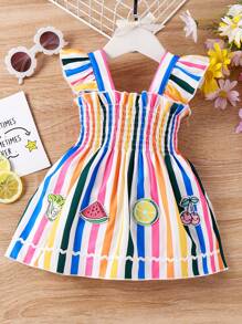 SHEIN 嬰兒女孩條紋西瓜刺繡荷葉邊短袖裙 - 彩色 - 查看 1