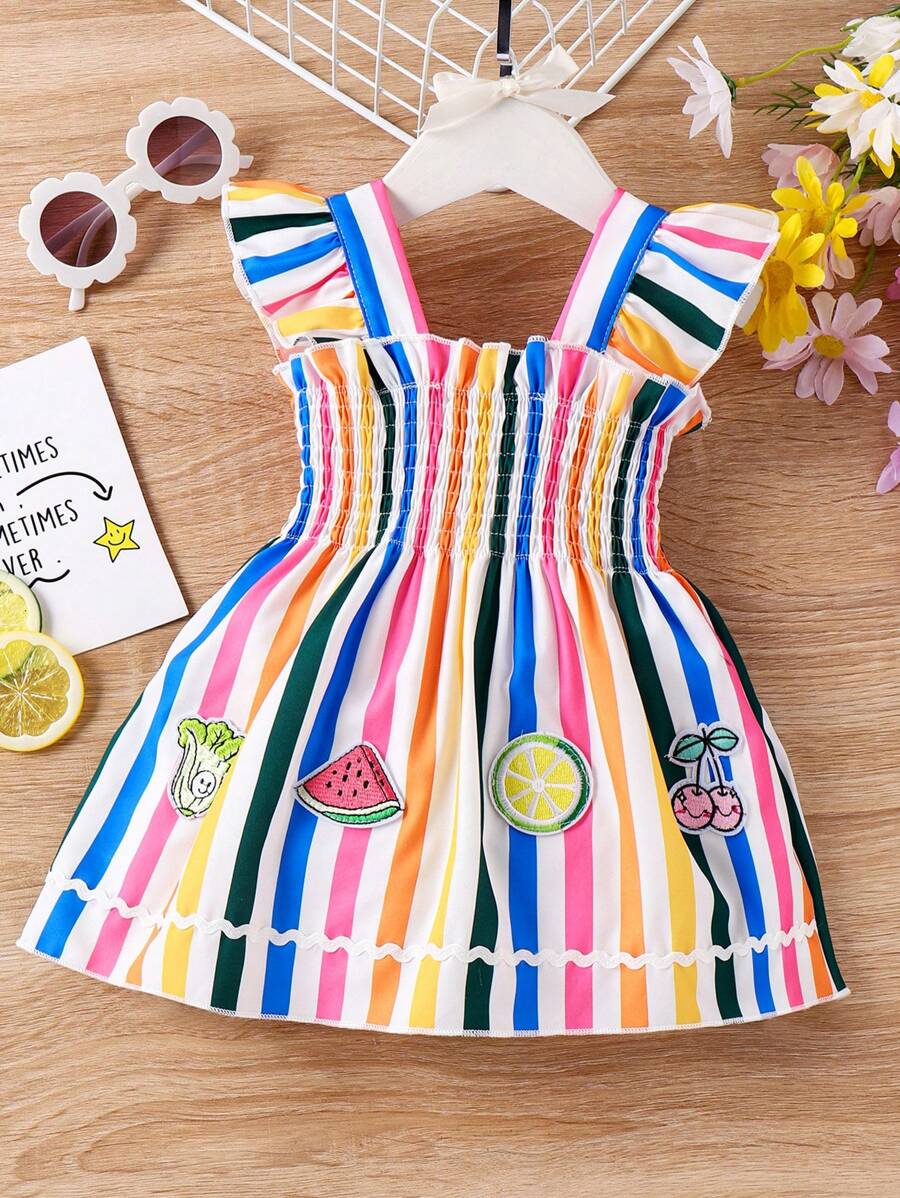 SHEIN 嬰兒女孩條紋西瓜刺繡荷葉邊短袖裙 - 彩色 - 查看 1