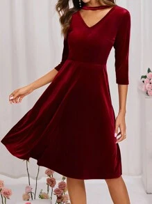 SHEIN Clasi Women's Choker Neck Velvet Red Dress - Red - View 3