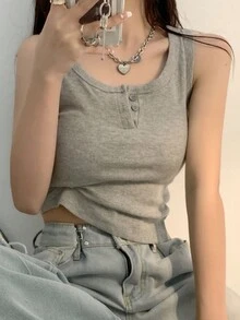 设计灵感独特露脐背心，夏季叠穿无袖韩版休闲吊带衫 - 灰色 - 查看 7