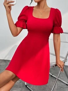 SHEIN PETITE Của phụ nữ Màu thuần Ống tay áo Đầm - Đỏ - Xem 5