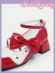 Dola Lovely 女款紅白拼色珍鞋,蝴蝶結、心形和洛麗塔細節,時尚高跟鞋帶腳踝帶 - 紅白色 - 查看 8