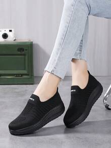 女士春夏季輕便透氣編織純色厚底休閒運動鞋搖搖鞋 - 黑色 - 查看 2