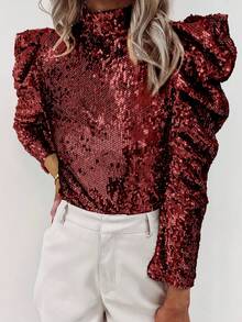 Astylish Classi Glitter Burgundy Mock Neck Ruched Puff Sleeve Sequin Top - Burgundy - View 8