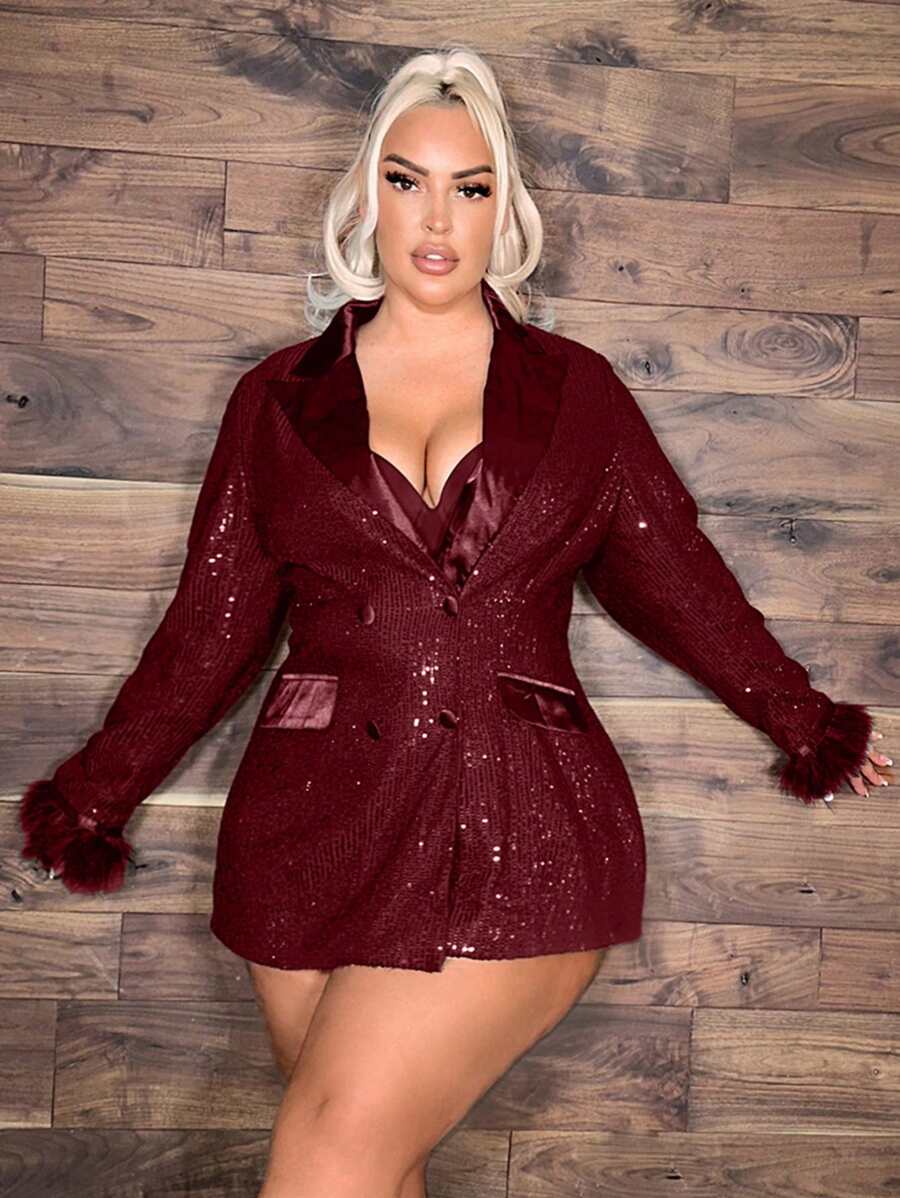 SHEIN SXY Của phụ nữ Kích thước lớn Lấp lánh Lông Áo vest - Màu Đỏ Sâu - Xem 1