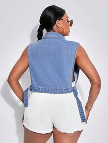 SHEIN SXY Chaleco De Mezclilla De Talla Grande Para Mujer Con Cuello De Solapa - Azul lavado medio - Ver 2