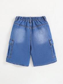 SHEIN 男童常規版型中腰拼色牛仔短褲(無鬆緊腰帶) - 藍色 - 查看 2