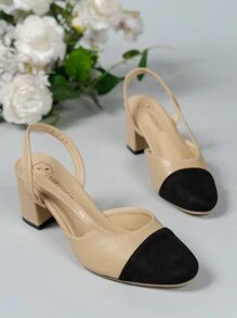 女士中空設計多彩裝飾圓頭粗跟高跟鞋，春夏優雅風格，杏色高跟鞋 - 杏色 - 查看 4