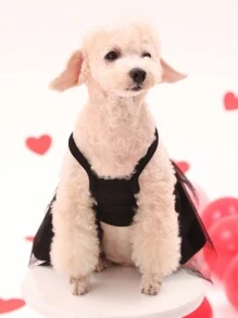 PETSIN 情人節黑色網眼蕾絲寵物衣服,粉色蝴蝶結