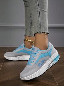 Women's Comfortable Lace-Up Gold Pattern Anti-Slip Wedge Sneakers - Grey - View 3