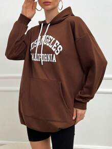 Cottnline Letter Graphic Kangaroo Pocket Drop Shoulder Drawstring Hoodie - Chocolate Brown - View 5