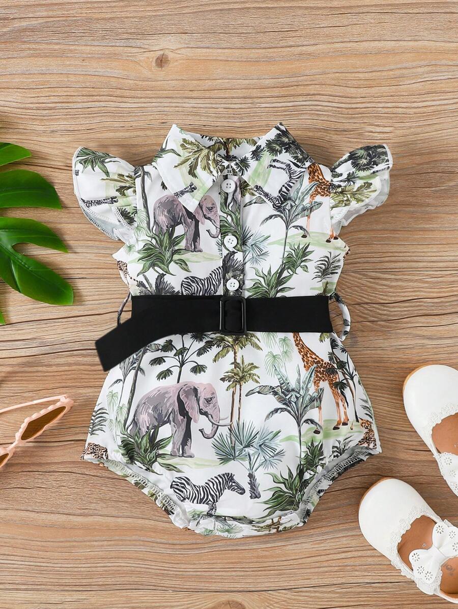 Baby Girl Stylish Vacation Style Turn Down Collar Animal & Plant Print Bodysuit With Belt, Vintage Simple Design For Spring And Summer - Multicolor - View 1