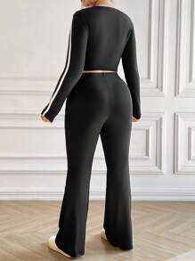 SHEIN EZwear Plus Size Striped Side Cutout Crop Top With Flared Pants Two Piece Set - Black - View 2
