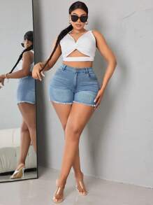 SHEIN SXY Kích thước lớn Quần short Denim Với Sự tréo nhau Dây đai , Frayed - Rửa nhẹ - Xem 4