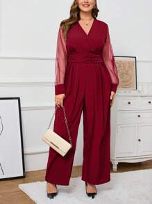 SHEIN Privé 大尺碼女款透視長袖褶皺高腰連身褲 - 酒紅色 - 查看 5