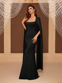 SHEIN Belle Adult Bridesmaid Dress With Split Sleeves, Square Neckline, Cinched Waist And Fish Tail Dress Black Elegant Extra Long Sleeve Formal Evening Prom Wedding Guest Gown, For Graduation, Dinner Party Dress - Black - View 3