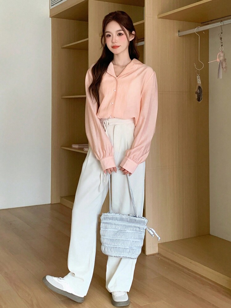 DAZY Áo sơ mi dài tay dáng rộng cổ bẻ đơn giản dành cho nữ - Hồng - Xem 4