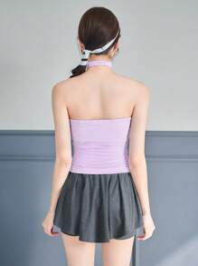 SHEINNeu 薰衣草色夏季芭蕾蝴蝶结褶饰露背系带抹胸情人节服装夏季上衣 - 淡紫色 - 查看 2