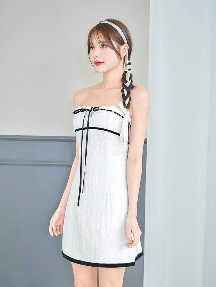 Balletcore Bow Kawaii  Ribbon Lace  Tube Dress White Dress Summer Valentines Clothes