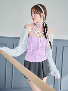 SHEINNeu 薰衣草色夏季芭蕾蝴蝶结褶饰露背系带抹胸情人节服装夏季上衣 - 淡紫色 - 查看 4