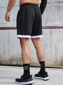 Gym Rark 男士抽绳腰带运动短裤，撞色字母图案慢跑短裤，黑色运动短裤 - 黑色 - 查看 2