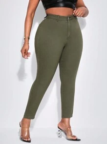 SHEIN EZwear Women's Plus Size Solid Color Skinny Jeans - Army Green - View 3