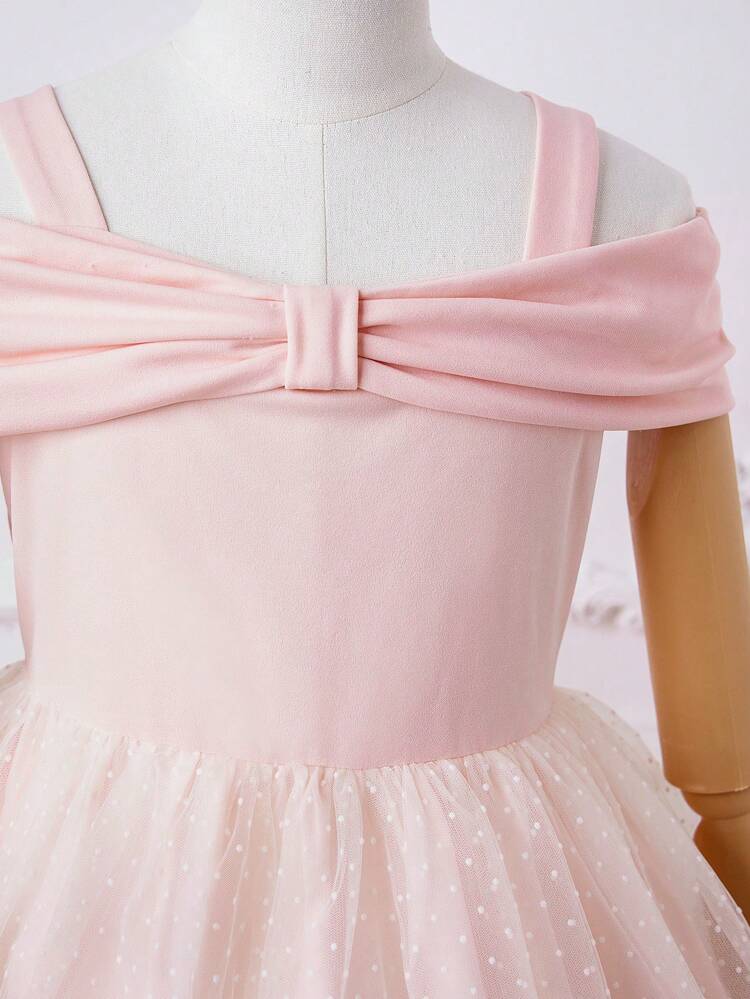 Tween Girls' Wedding Season Woven Hollow Out Shoulder & Mesh Dress