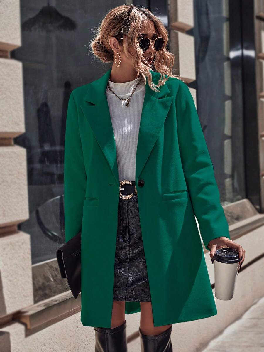 SHEIN LUNE Women's Single-Breasted Woolen Coat With Long Sleeves - Green - View 1