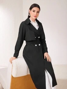 Modelyn Women's Solid Color Double Breasted Belted Trench Coat - Black - View 5