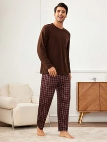 男士口袋t恤和格紋褲家居套裝 - 彩色 - 查看 4
