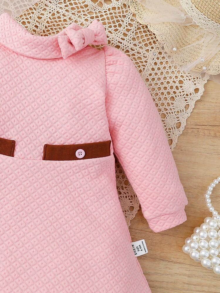 Baby Girls' Lovely Elegant Grid Pattern Long Sleeve Dress With Bowknot