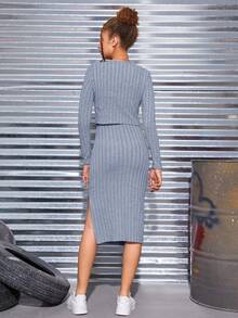 SHEIN Teen Girls' Ribbed Knit Jacket & Cami Dress Casual 2pcs Set - Baby Blue - View 2