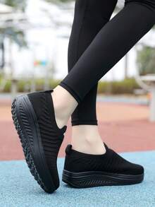 女士春夏季輕便透氣編織純色厚底休閒運動鞋搖搖鞋 - 黑色 - 查看 3