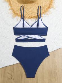 Teen Girl Plant In Cross Front Hai mảnh Bikini Set Bãi biển mùa hè - Xanh và trắng - Xem 2