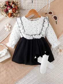 夏季寶寶女孩甜美拼色荷葉邊連襯袜裝 - 黑色 - 查看 1