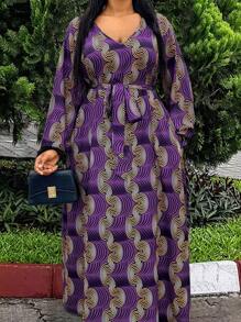 SHEIN LUNE 大尺寸全印花 V 領主教袖連身裙