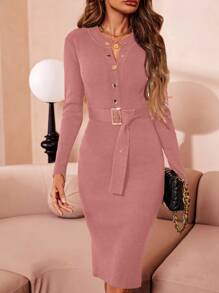 SHEIN Clasi Của phụ nữ Nút Áo len dệt kim Đầm - Hồng - Xem 3