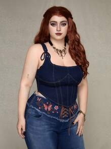 ROMWE PUNK Casual Plus Size Women'S Eyelet Lace-Up Sleeveless Denim Top - Blue - View 4