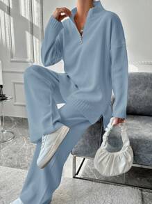 EURMUSE Women's Half-Zip Pullover Sweater And Knitted Pants Set With Zip Fly - Baby Blue - View 4