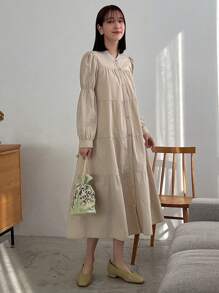 FRIFUL Women's Lotus Leaf Sleeve Babydoll Dress - Khaki - View 1