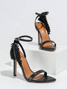 女用高跟可折疊花朵設計露趾涼鞋,黑色,優雅性感,適合夜店和戶外活動 - 黑色 - 查看 2