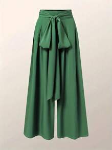 SHEIN LUNE 高腰系带阔腿裤 - 軍綠色 - 查看 3