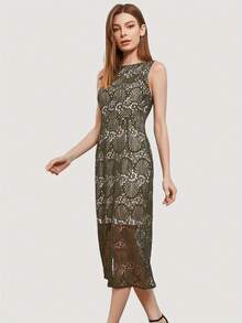 Vestido De Encaje Con Bloques De Color Y Cuello Redondo Sin Mangas Y Cintura Ceñida Para Fiesta Y Graduación - Verde militar - Ver 3