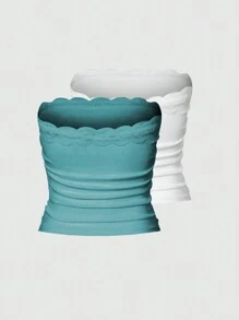 SHEIN Unity 女款蕾絲花卉拼接蝴蝶結裝飾的無肩帶上衣 - 薄荷藍 - 查看 2