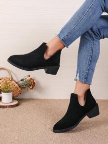 女式純色粗跟尖頭休閒英倫風舒適踝靴和短靴,黑色 - 黑色 - 查看 5