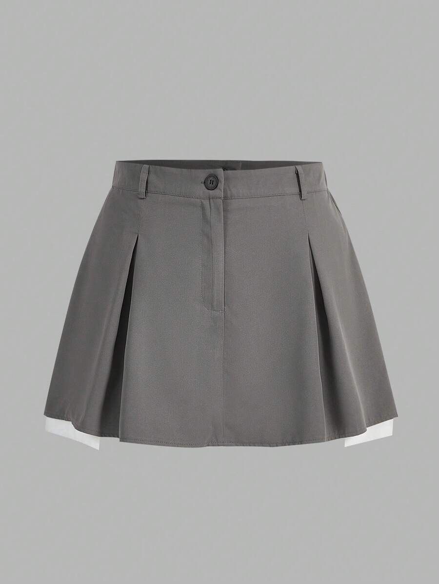 SHEIN EZwear 大尺碼純色百褶裙 - 灰色 - 查看 1