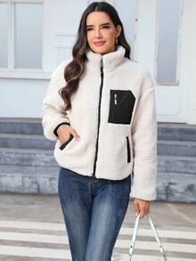 RELISH NOLESS 女士休闲日常拉链撞色羊羔绒夹克，秋冬 - 米色 - 查看 5