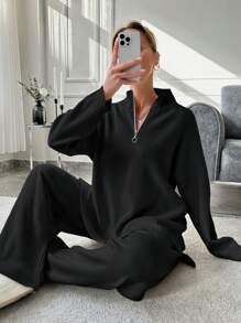 EURMUSE Ladies' Solid Color Casual Knitted Sweater 2pcs/Set - Black - View 6