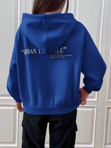 SHEIN EZwear Printed Knitted Hoodie URBAN LIFESTYLE LIFE IS MEANT TO BE ENJOYED, AND WE SHOULD MAKE THE MOST EVERY MOMENT HAPPINESS IS A STATE OF MIND,Long Sleeve Tops - Royal Blue - View 3