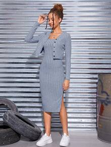 SHEIN Teen Girls' Ribbed Knit Jacket & Cami Dress Casual 2pcs Set - Baby Blue - View 7